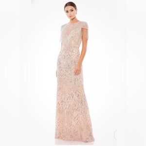 Mac Duggal Elegant Beaded Maxi Dress in Nude and Silver